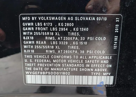 2013 Volkswagen Touareg Vr6 Sport from USA, damaged, VIN WVGEF9BP5DD011802
